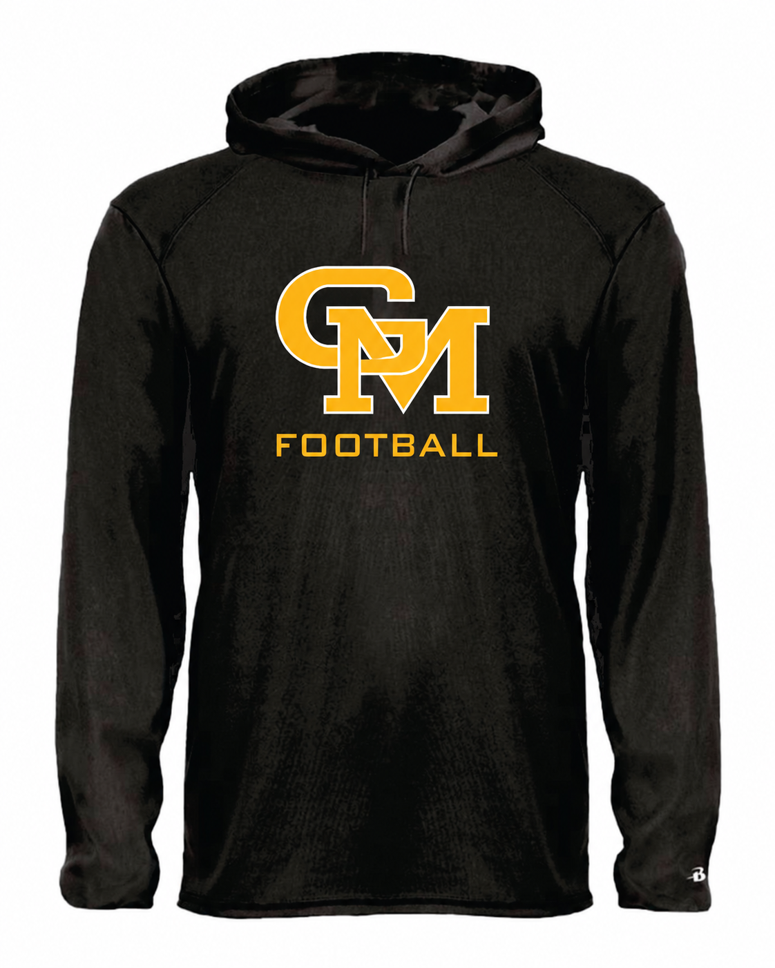 Great Mills Football Badger hooded long sleeve in black with new GM logo