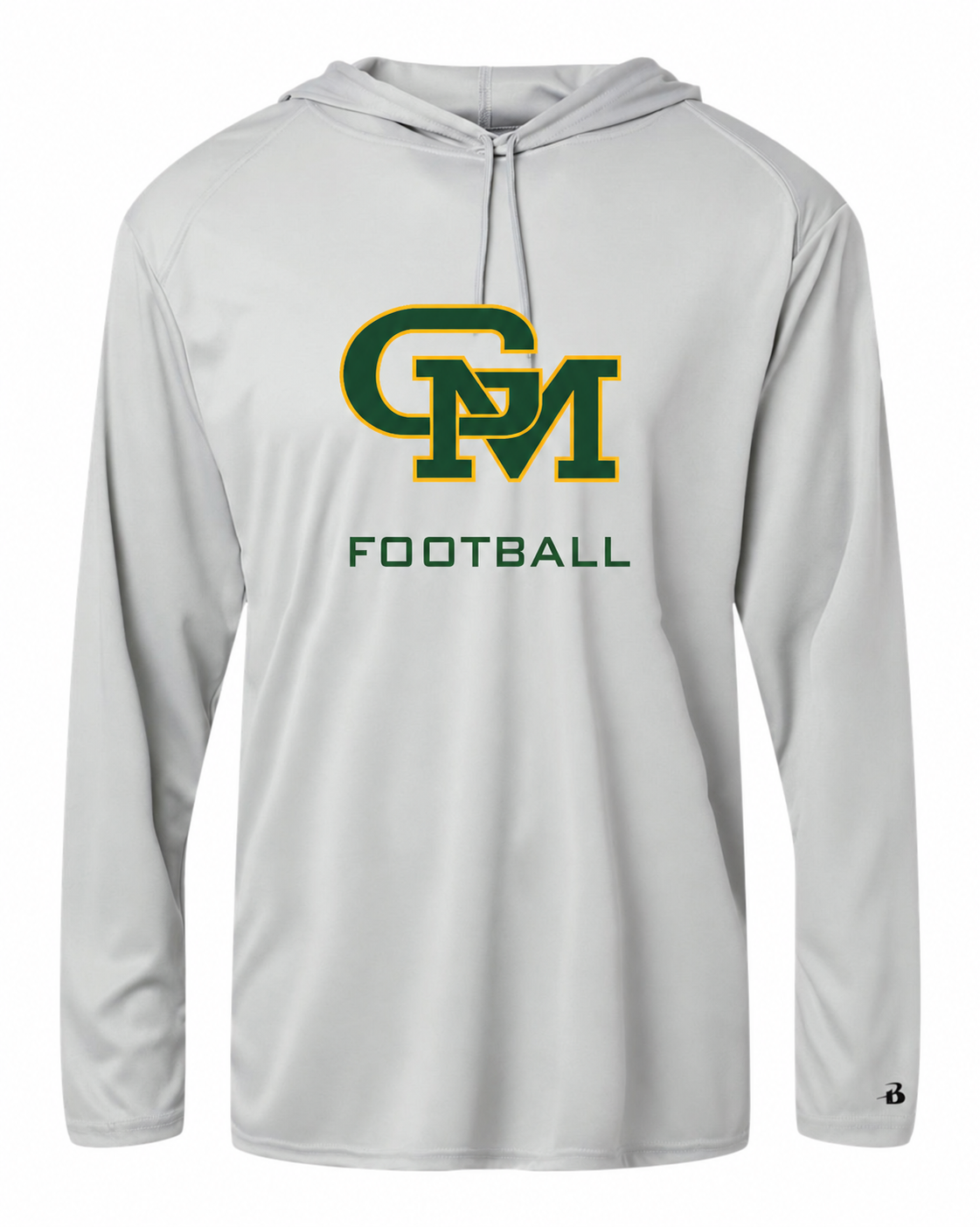 Great Mills Football Badger hooded long sleeve in gray with new GM logo