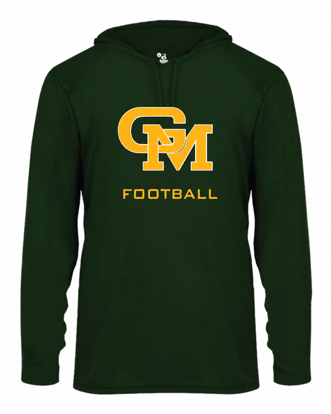 Great Mills Football Badger hooded long sleeve in green with new GM logo