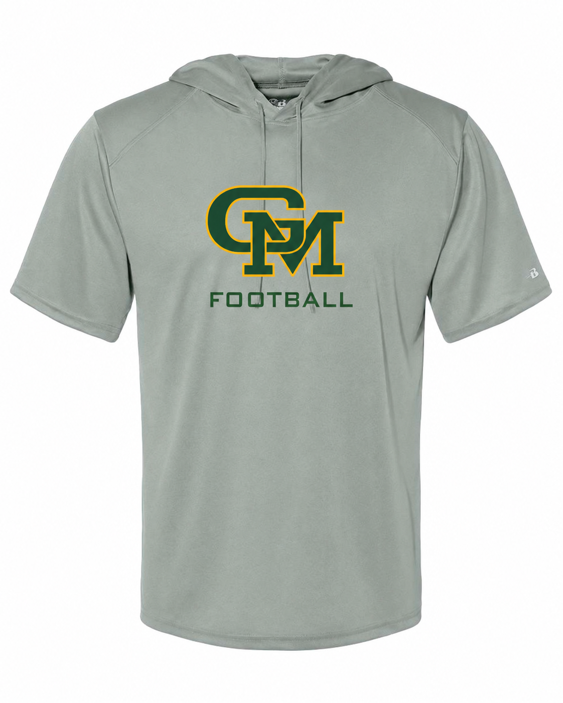 Great Mills Football Badger short sleeve hoodie in gray with new GM logo