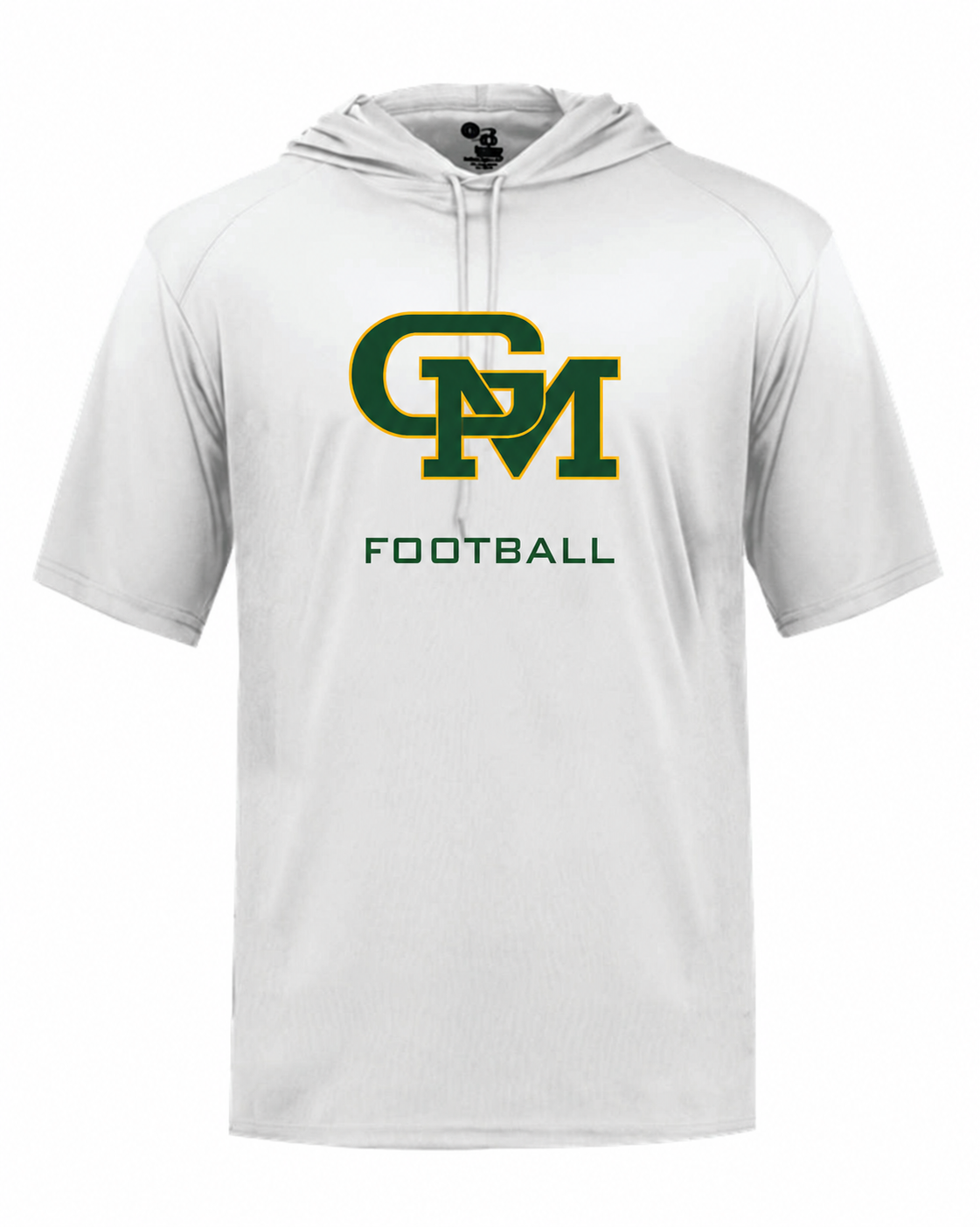 Great Mills Football Badger short sleeve hoodie in white with new GM logo