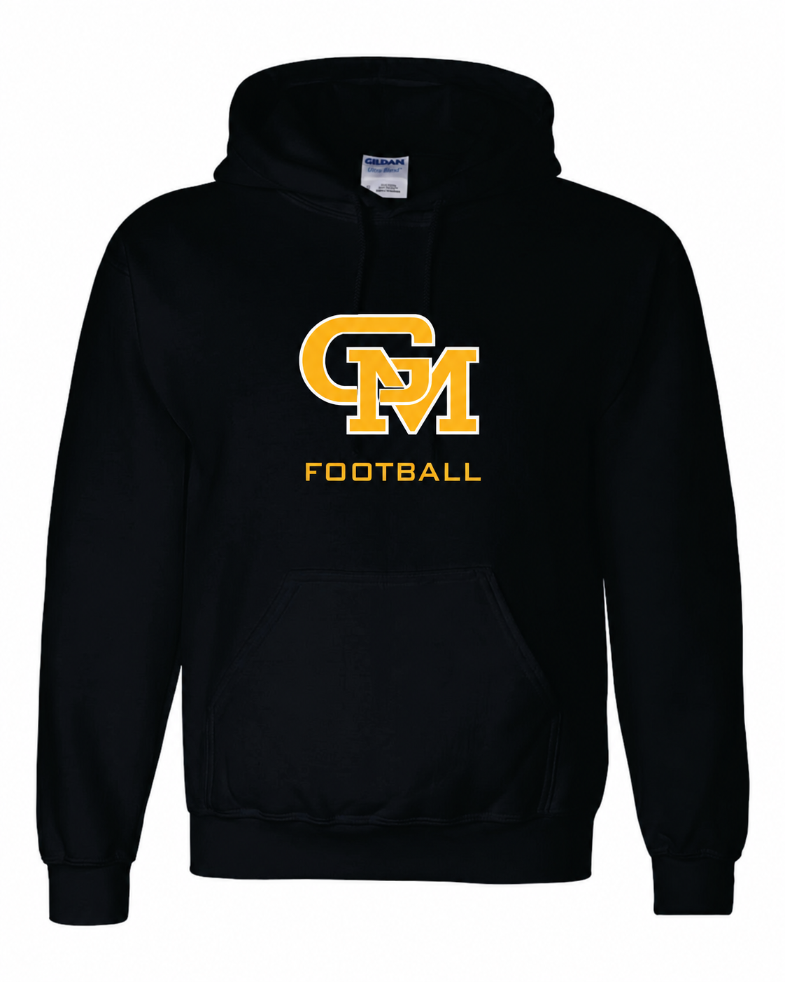 Great Mills Football Gildan hoodie in black with new GM logo