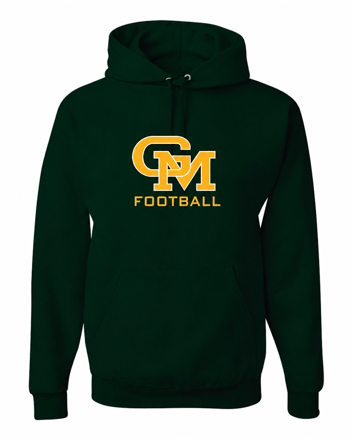 Great Mills Football Gildan hoodie in green with new GM logo