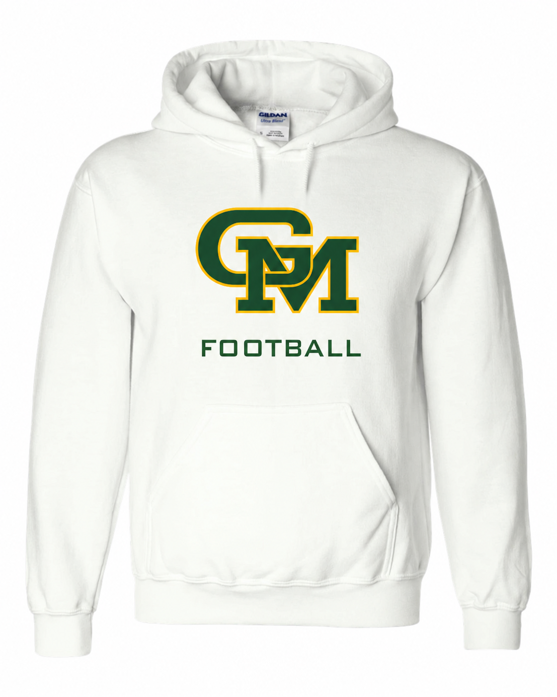 Great Mills Football Gildan hoodie in white with new GM logo
