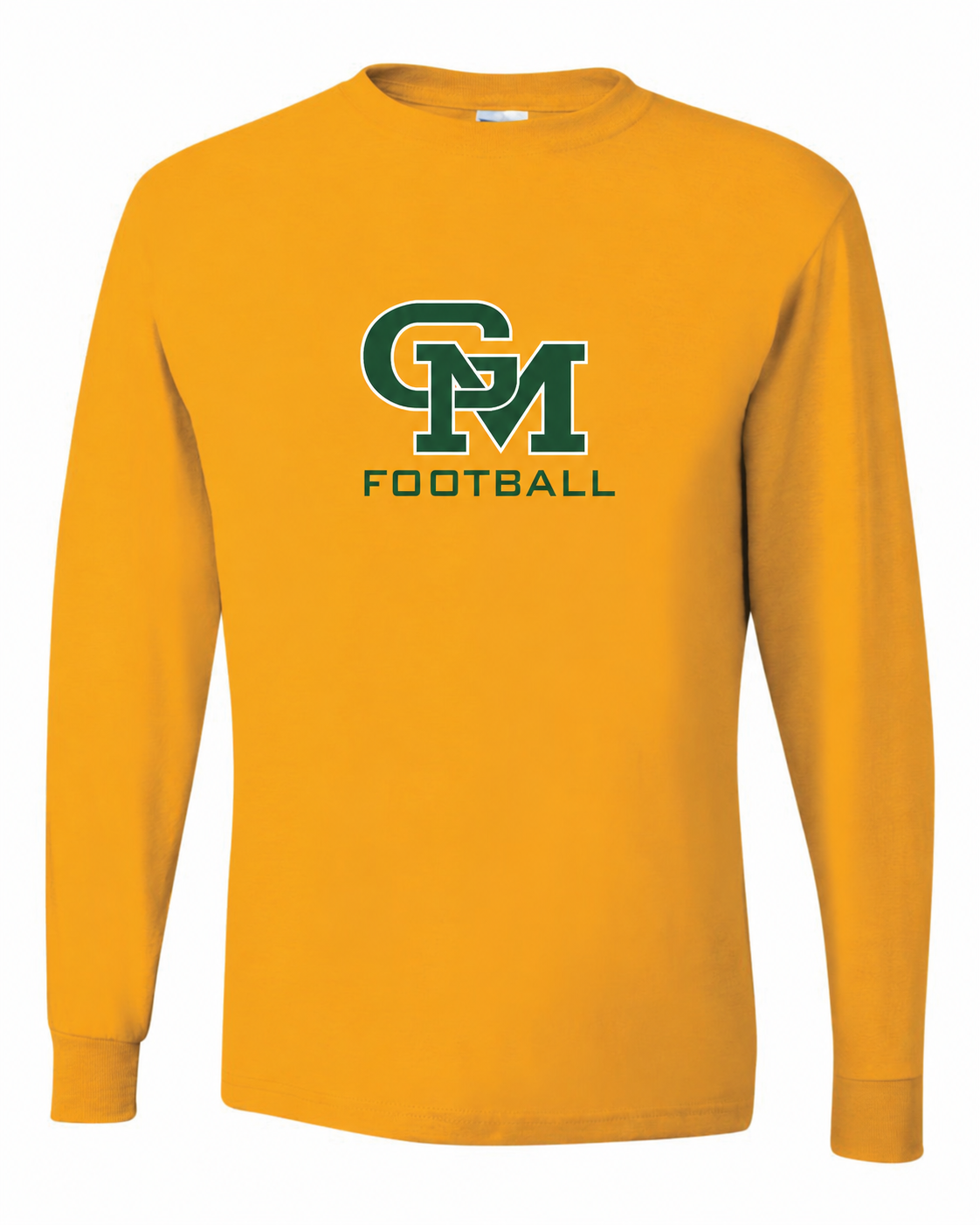 Great Mills Football Gildan long sleeve in gold with new GM logo